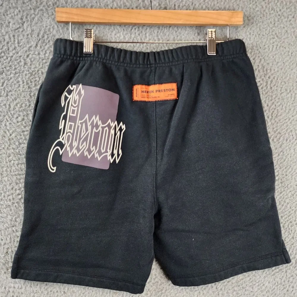 Heron Preston Color Blocks Logo Print Sweat Shorts Men's S Black Gray Pockets~ - Picture 12 of 14